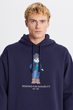 Pamuklu İçi Polarlı Regular Fit Kapüşonlu Logo Detaylı Sweatshirt - DarKNavy-L2520102411 (görsel 4)