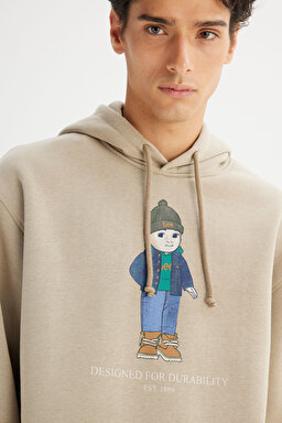Pamuklu İçi Polarlı Regular Fit Kapüşonlu Logo Detaylı Sweatshirt - Beige-L2520102614 (görsel 4)