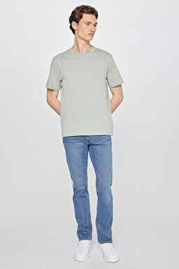 %100 Pamuk Regular Fit Normal Kesim Bisiklet Yaka Basic Tişört - Light Green-L2520112299 (görsel 3)