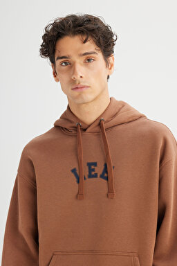 Pamuklu Regular Fit Normal Kesim Kapüşonlu İçi Polarlı Sweatshirt - Dark Brown-L2520157024 (görsel 4)