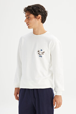 Regular Fit Normal Kesim Bisiklet Yaka Baskılı Kırık Beyaz Sweatshirt - Off White-L2520221102 (görsel 3)