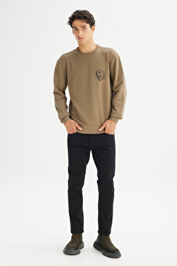 Regular Fit Normal Kesim Bisiklet Yaka Baskılı Haki Sweatshirt - Khaki-L2520222801 (görsel 2)