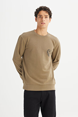 Regular Fit Normal Kesim Bisiklet Yaka Baskılı Haki Sweatshirt - Khaki-L2520222801 (görsel 3)