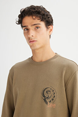Regular Fit Normal Kesim Bisiklet Yaka Baskılı Haki Sweatshirt - Khaki-L2520222801 (görsel 4)
