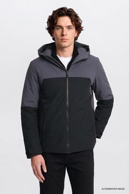 Relaxed Fit Rahat Kesim Kapüşonlu Cepli Şişme Puffer Mont - Black-L2520257001 (görsel 2)