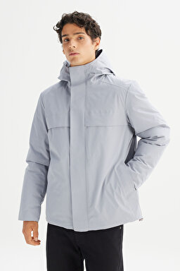 Relaxed Fit Rahat Kesim Kapüşonlu Cepli Şişme Mont - Gray-L2520258035