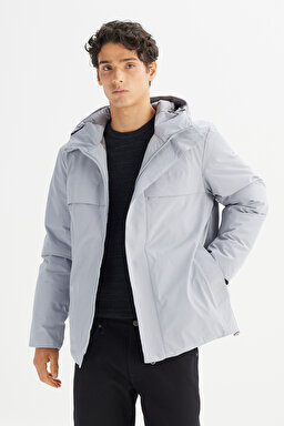 Relaxed Fit Rahat Kesim Kapüşonlu Cepli Şişme Mont - Gray-L2520258035 (görsel 3)