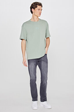 %100 Pamuk Nefes Alan Kumaş Loose Fit Rahat Kesim Logo Detaylı Tişört - Turquoise-L2520302306 (görsel 3)