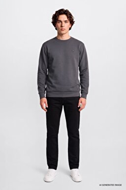 Regular Fit Normal Kesim Bisiklet Yaka Baskılı Siyah Sweatshirt - Anthracita-L2520308003 (görsel 2)