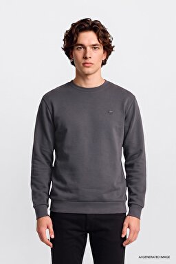 Regular Fit Normal Kesim Bisiklet Yaka Baskılı Siyah Sweatshirt - Anthracita-L2520308003 (görsel 3)