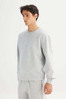 Regular Fit Normal Kesim Bisiklet Yaka Baskılı Gri Melanj Sweatshirt - GrayMelange-L252030836 (görsel 3)