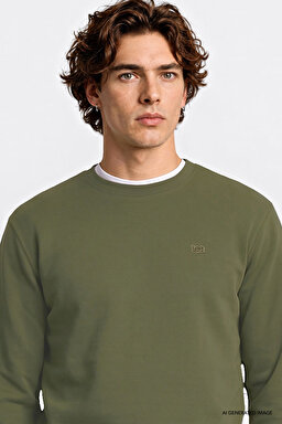 Regular Fit Normal Kesim Bisiklet Yaka Baskılı Lacivert Sweatshirt - KHAKI-L2520308801