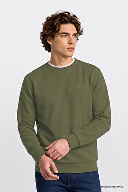 Regular Fit Normal Kesim Bisiklet Yaka Baskılı Lacivert Sweatshirt - KHAKI-L2520308801 (görsel 2)