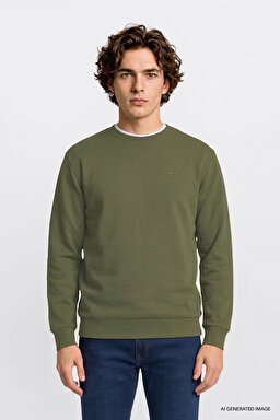 Regular Fit Normal Kesim Bisiklet Yaka Baskılı Lacivert Sweatshirt - KHAKI-L2520308801 (görsel 3)