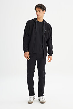 Regular Fit Normal Kesim Kapüşonlu Fermuarlı Siyah Sweatshirt Ceket - Black-L2520310001 (görsel 2)