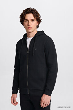 Regular Fit Normal Kesim Kapüşonlu Fermuarlı Siyah Sweatshirt Ceket - Black-L2520310001