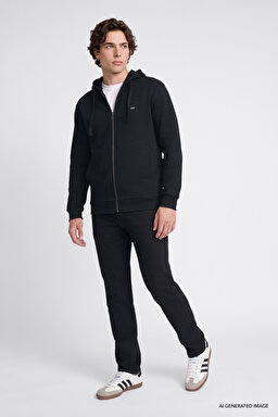 Regular Fit Normal Kesim Kapüşonlu Fermuarlı Siyah Sweatshirt Ceket - Black-L2520310001 (görsel 2)