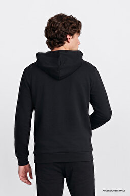 Regular Fit Normal Kesim Kapüşonlu Fermuarlı Siyah Sweatshirt Ceket - Black-L2520310001 (görsel 4)