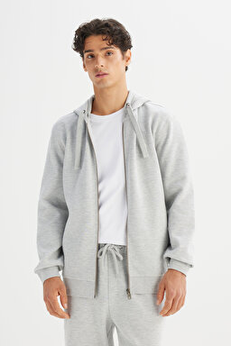Regular Fit Normal Kesşim Kapüşonlu Fermuarlı Gri Melanj Sweatshirt Ceket - Grey Melange-L252031036