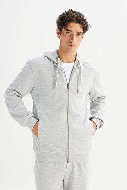 Regular Fit Normal Kesşim Kapüşonlu Fermuarlı Gri Melanj Sweatshirt Ceket - Grey Melange-L252031036 (görsel 3)