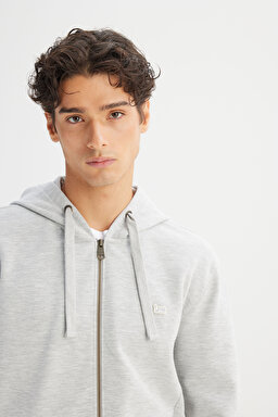 Regular Fit Normal Kesşim Kapüşonlu Fermuarlı Gri Melanj Sweatshirt Ceket - Grey Melange-L252031036 (görsel 4)