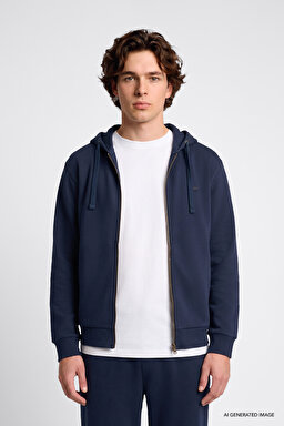 Regular Fit Normal Kesim Kapüşonlu Fermuarlı Lacivert Sweatshirt Ceket - DarKNavy-L2520310411 (görsel 2)