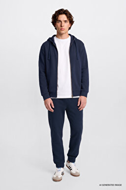 Regular Fit Normal Kesim Kapüşonlu Fermuarlı Lacivert Sweatshirt Ceket - DarKNavy-L2520310411 (görsel 3)