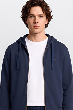Regular Fit Normal Kesim Kapüşonlu Fermuarlı Lacivert Sweatshirt Ceket - DarKNavy-L2520310411 (görsel 4)