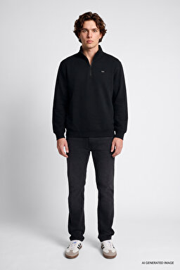 Regular Fit Normal Kesim Kapüşonlu Fermuar Detaylı Siyah Sweatshirt - Black-L2520312001 (görsel 3)