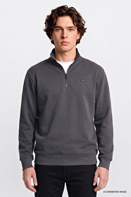 Regular Fit Normal Kesim Kapüşonlu Fermuar Detaylı Siyah Sweatshirt - Anthracita-L2520312003