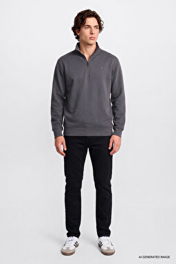 Regular Fit Normal Kesim Kapüşonlu Fermuar Detaylı Siyah Sweatshirt - Anthracita-L2520312003 (görsel 2)