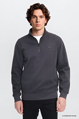Regular Fit Normal Kesim Kapüşonlu Fermuar Detaylı Siyah Sweatshirt - Anthracita-L2520312003 (görsel 3)