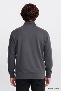 Regular Fit Normal Kesim Kapüşonlu Fermuar Detaylı Siyah Sweatshirt - Anthracita-L2520312003 (görsel 5)