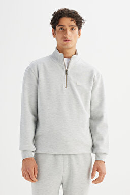 Regular Fit Normal Kesim Kapüşonlu Fermuar Detaylı Gri Melanj Sweatshirt - GrayMelange-L252031236