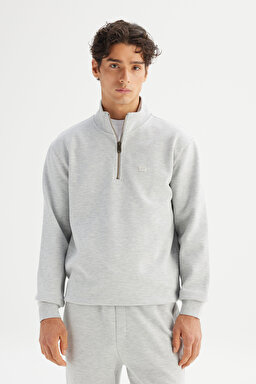 Regular Fit Normal Kesim Kapüşonlu Fermuar Detaylı Gri Melanj Sweatshirt - GrayMelange-L252031236 (görsel 3)