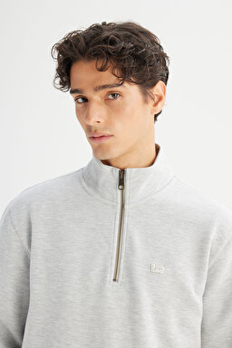 Regular Fit Normal Kesim Kapüşonlu Fermuar Detaylı Gri Melanj Sweatshirt - GrayMelange-L252031236 (görsel 4)