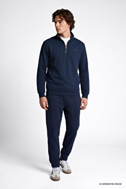 Regular Fit Normal Kesim Kapüşonlu Fermuarlı Lacivert Sweatshirt Ceket - DarKNavy-L2520312411 (görsel 2)