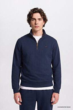 Regular Fit Normal Kesim Kapüşonlu Fermuarlı Lacivert Sweatshirt Ceket - DarKNavy-L2520312411 (görsel 3)