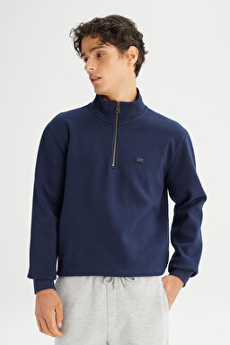 Regular Fit Normal Kesim Kapüşonlu Fermuarlı Lacivert Sweatshirt Ceket - DarKNavy-L2520312411 (görsel 3)