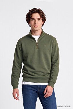 Regular Fit Normal Kesim Kapüşonlu Fermuarlı Lacivert Sweatshirt Ceket - KHAKI-L2520312801
