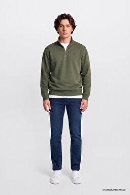 Regular Fit Normal Kesim Kapüşonlu Fermuarlı Lacivert Sweatshirt Ceket - KHAKI-L2520312801 (görsel 3)