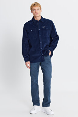 Pamuklu Relaxed Fit Rahat Kesim Klasik Yaka Cepli Kadife Gömlek - DarKNavy-L2520353411 (görsel 2)