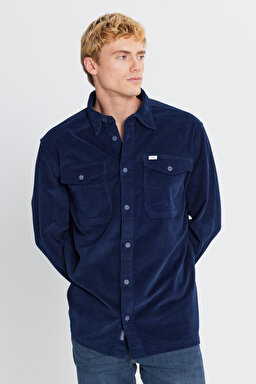 Pamuklu Relaxed Fit Rahat Kesim Klasik Yaka Cepli Kadife Gömlek - DarKNavy-L2520353411 (görsel 3)