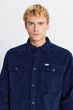 Pamuklu Relaxed Fit Rahat Kesim Klasik Yaka Cepli Kadife Gömlek - DarKNavy-L2520353411 (görsel 4)