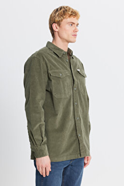 Pamuklu Relaxed Fit Rahat Kesim Klasik Yaka Cepli Kadife Gömlek - Mercantile Green-L2520353526 (görsel 3)