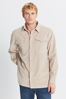 Pamuklu Relaxed Fit Rahat Kesim Klasik Yaka Cepli Kadife Gömlek - Beige-L2520353614