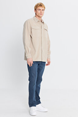 Pamuklu Relaxed Fit Rahat Kesim Klasik Yaka Cepli Kadife Gömlek - Beige-L2520353614 (görsel 2)