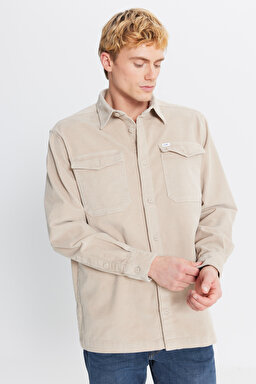 Pamuklu Relaxed Fit Rahat Kesim Klasik Yaka Cepli Kadife Gömlek - Beige-L2520353614 (görsel 3)