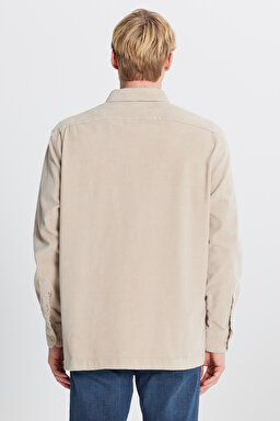 Pamuklu Relaxed Fit Rahat Kesim Klasik Yaka Cepli Kadife Gömlek - Beige-L2520353614 (görsel 5)