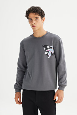 Regular Fit Normal Kesim Bisiklet Yaka Baskılı Antrasit Sweatshirt - Anthracite-L2520359003